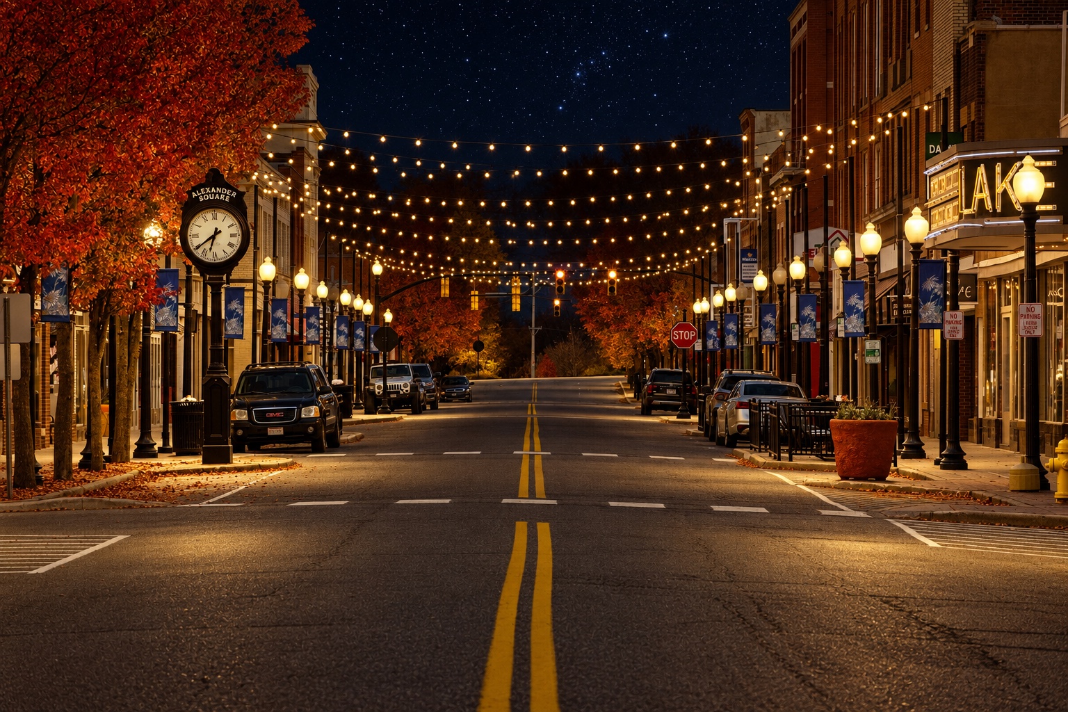 A Southern downtown street at night under a clear starry sky, string lights spanning between the buildings